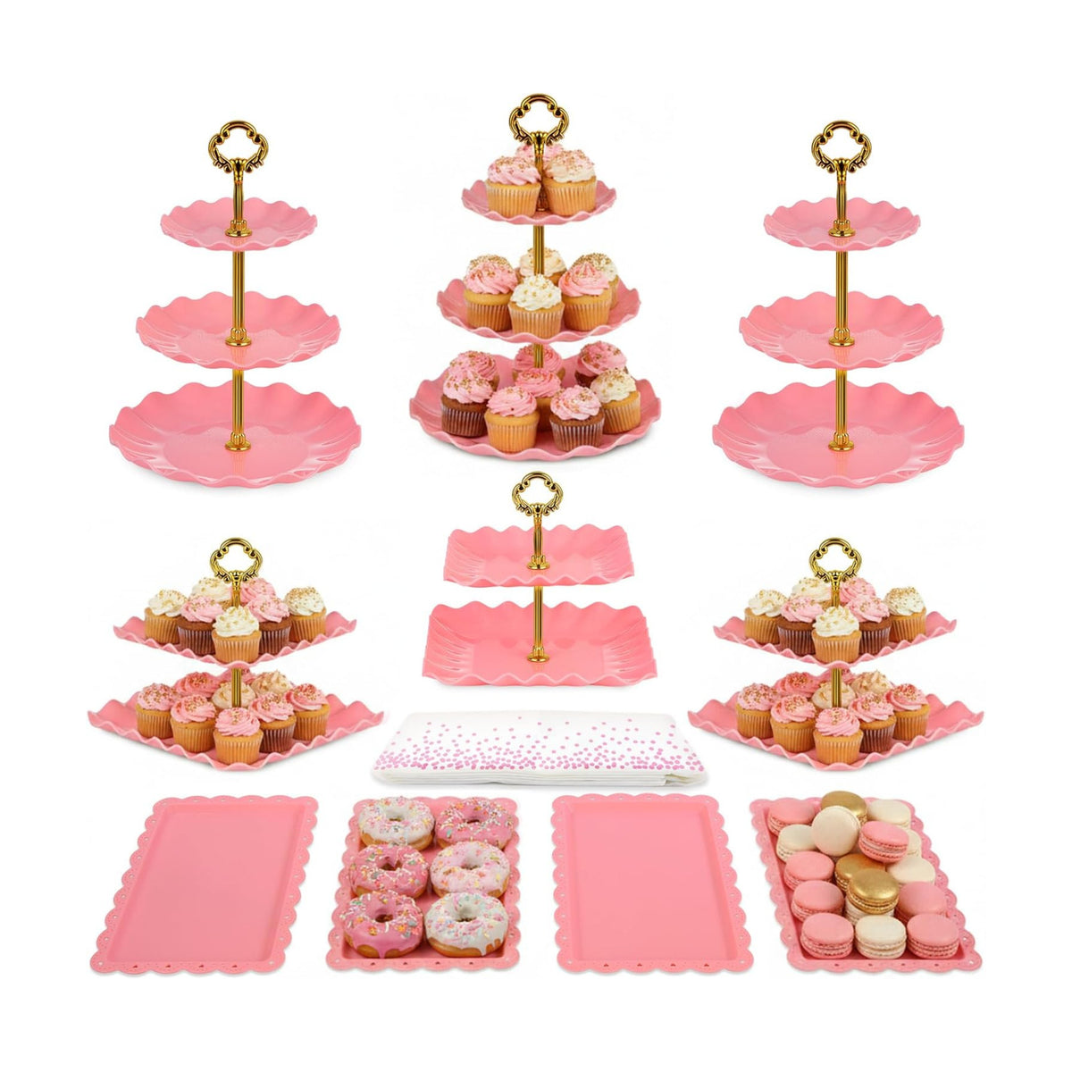Pack of 11 NWK Cake Stand Set of Cupcake Stand, Tray & Table Cloth (Pink)