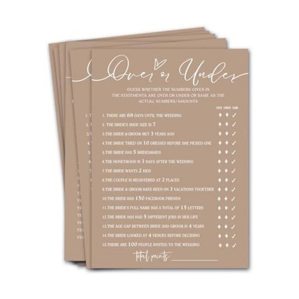 Bridal Shower Games Cards, Guess Over or Under, 25 Guests, Engagement Party Wedding Games, Minimalist Brown Wedding Party Supplies - D13