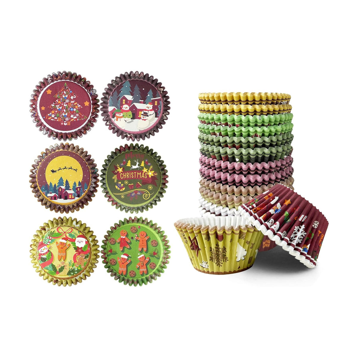 qiqee Christmas Jumbo Cupcake Liners 300PCS Cupcake Liners Cupcake Cups 6 Designs Christmas Gingerbread Man Cupcake Papers Baking Cups Cupcake Wrappers (Large Size)