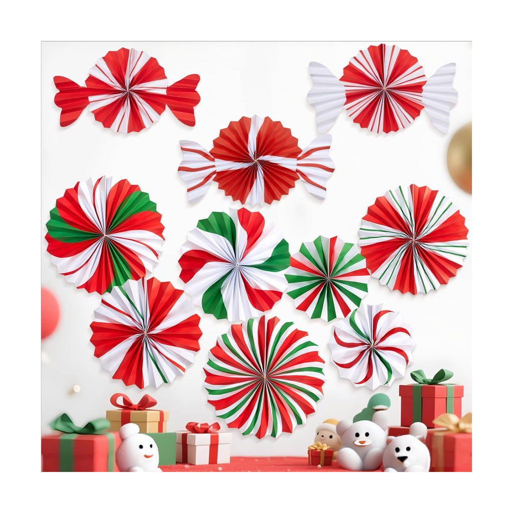 SUNBEAUTY Christmas Hanging Paper Fans Decoration Candy Peppermint Paper Christmas Decoration Candy Party Classroom Decor White and Red Xmas Ceiling Birthday Party Bulletin Board Office Decor
