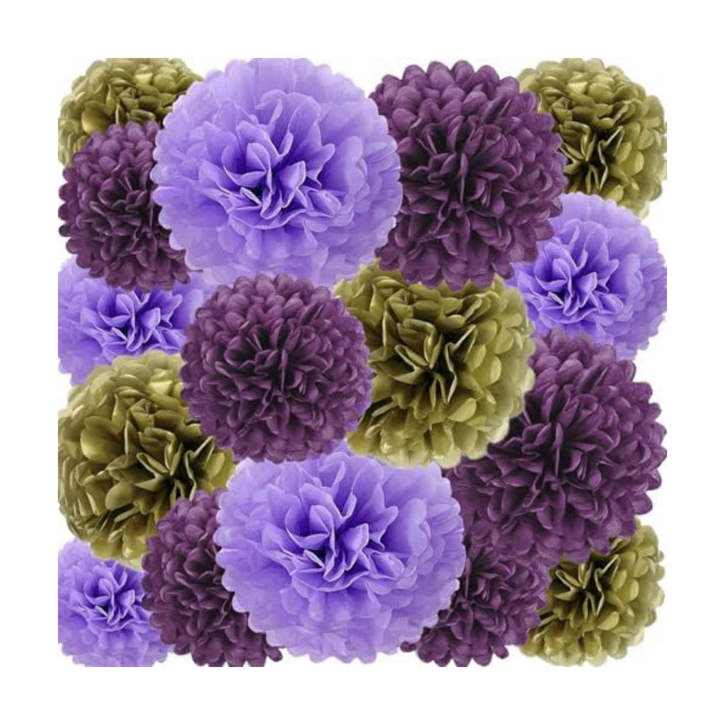 18 PCS Tissue Paper Pom Poms, Tissue Pom Poms Flowers, Sizes of 6", 10", 12", 14" Hanging Paper Flower Ball for Wedding, Birthday, Halloween, Christmas, Baby Shower Party Decor (Gold Purple)