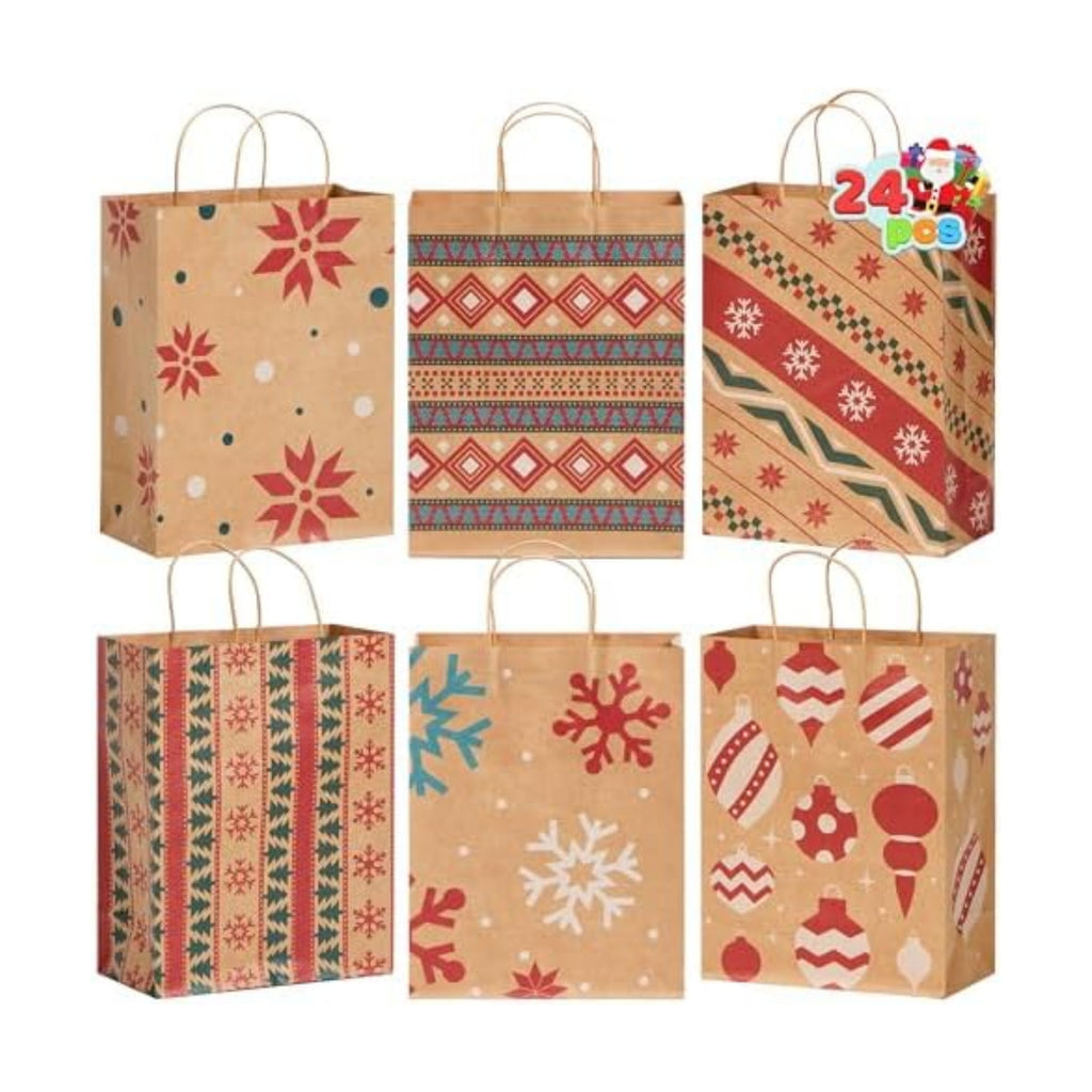 JOYIN 24 PCS Christmas Kraft Gift Bags Xmas Holiday Paper Goody Wrap Shopping Bags with Handles for Holiday Presents, Giant Gifts Decorations, Classrooms and Party Favors (10 x 13 x 5)