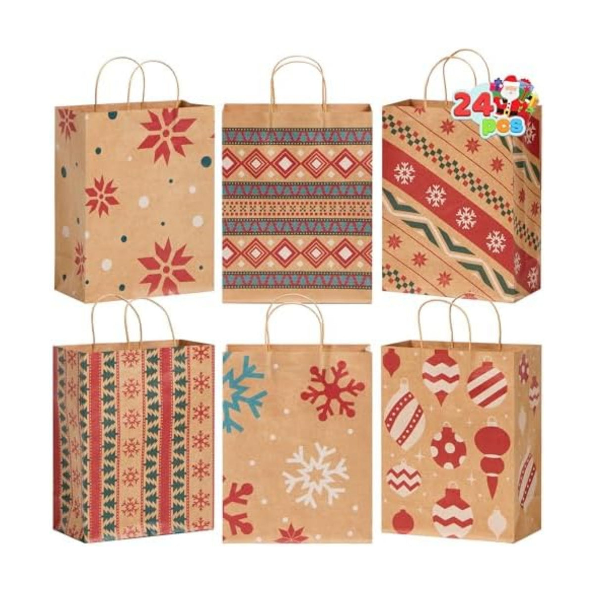 JOYIN 24 PCS Christmas Kraft Gift Bags Xmas Holiday Paper Goody Wrap Shopping Bags with Handles for Holiday Presents, Giant Gifts Decorations, Classrooms and Party Favors (10 x 13 x 5)