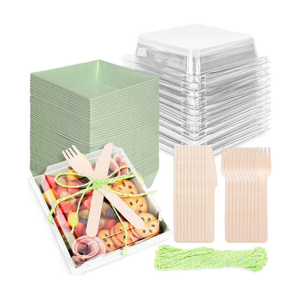 Whaline 50 Set Green Charcuterie Boxes with Clear Lids Forks Knives 4.7 x 4.3 In Clear Mini Dessert Disposable Food Containers Cake Take out Bakery Boxes for Wedding Birthday Sandwich Cookies Sushi