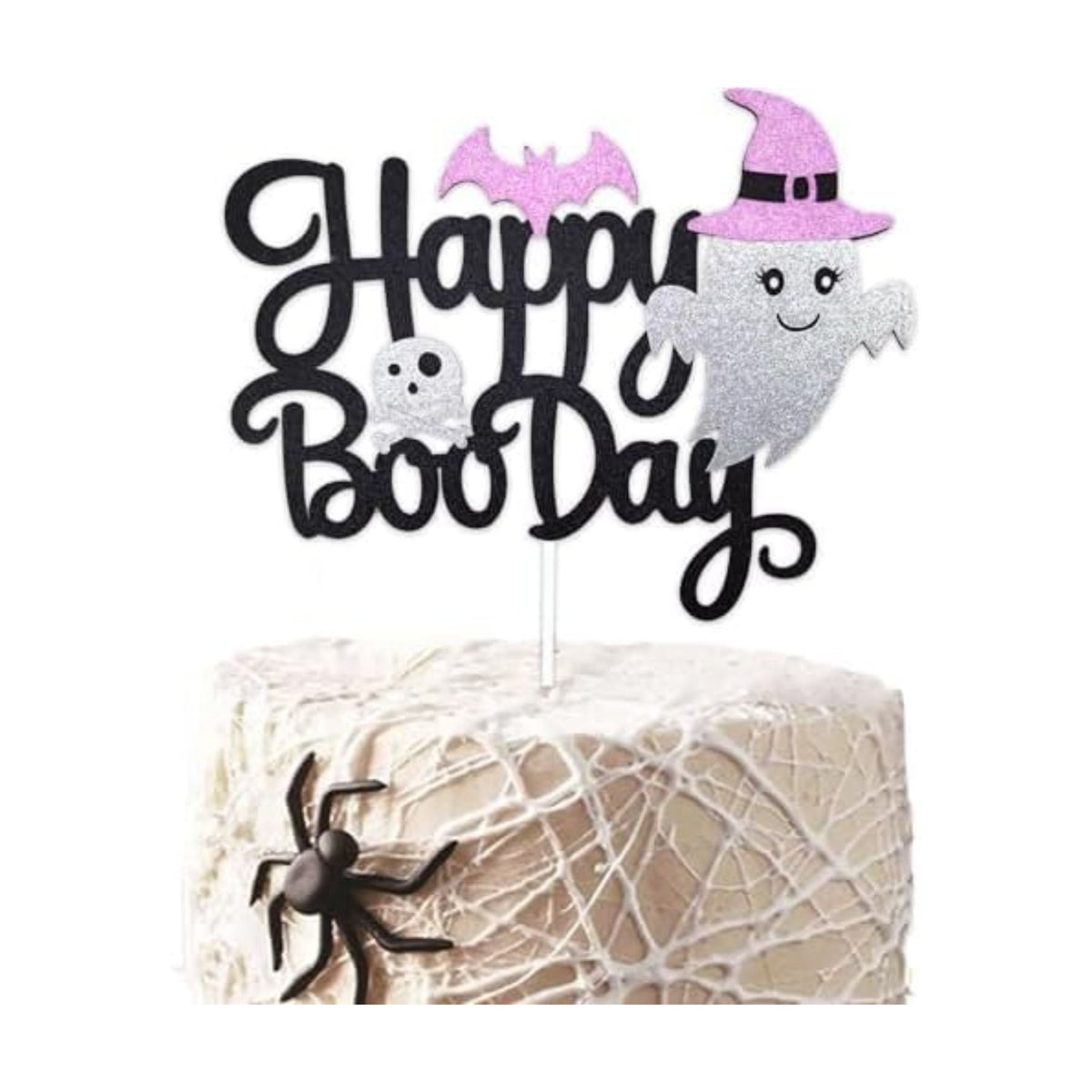 1Pcs Happy Halloween Cake Topper Black Glitter Happy Boo Day Cake Topper Castle Witch Pumpkin Ghost Bat Halloween Cake Decorations Cake Pick for Halloween Birthday Baby Shower Party Supplies