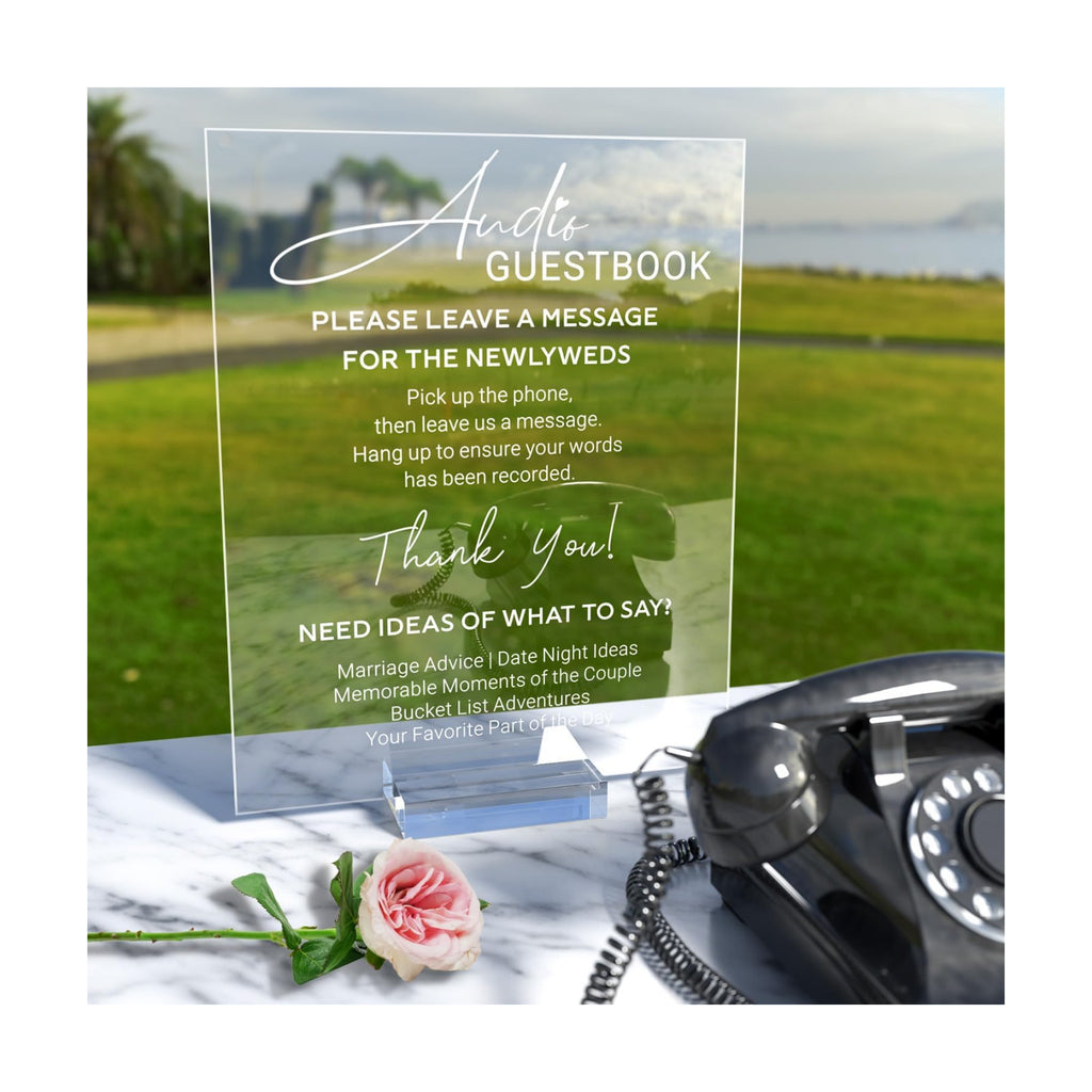 Acrylic Audio Guest Book Sign for Wedding, 8x10 Clear Audio Guestbook Sign with Acrylic Holder Stand, Elegant Audio Phone Guest Book Station Sign for Wedding Reception Table Decor