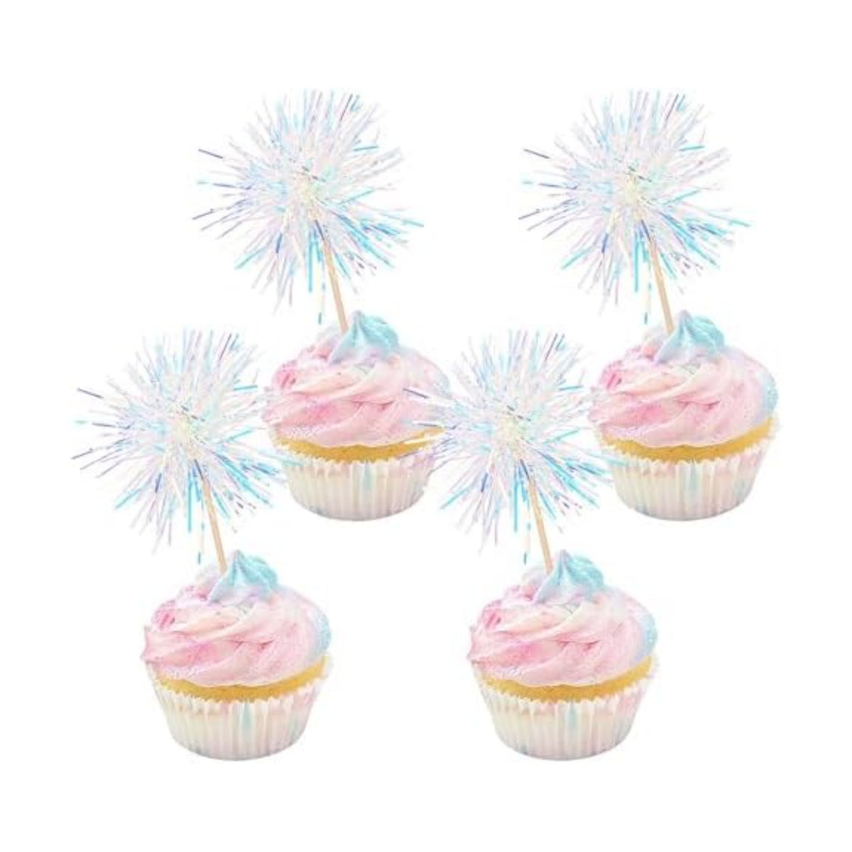 30 PCS Foil Firework Cupcake Toppers Happy Birthday Cupcake Toppers Sparkle Tinsel Flower Drink Stirrers Cocktail Fruit Toothpicks for Valentine's Day Baby Shower Party Cake Decor Supplies White
