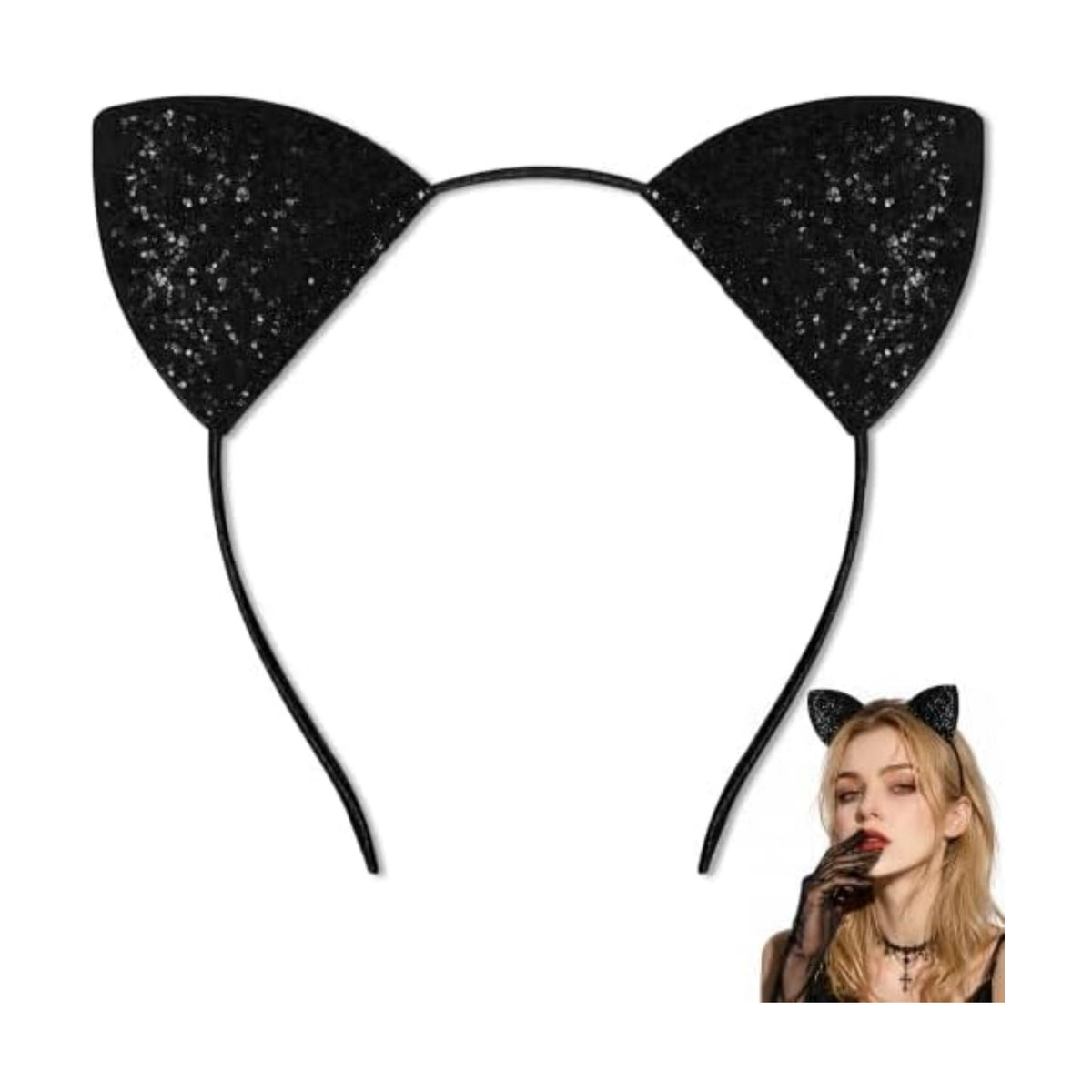 U-Goforst Black Cat Ears Headband Adult, Glitter Black Cat Costume for Women, Halloween Ears Fancy Dress Cosplay Accessories