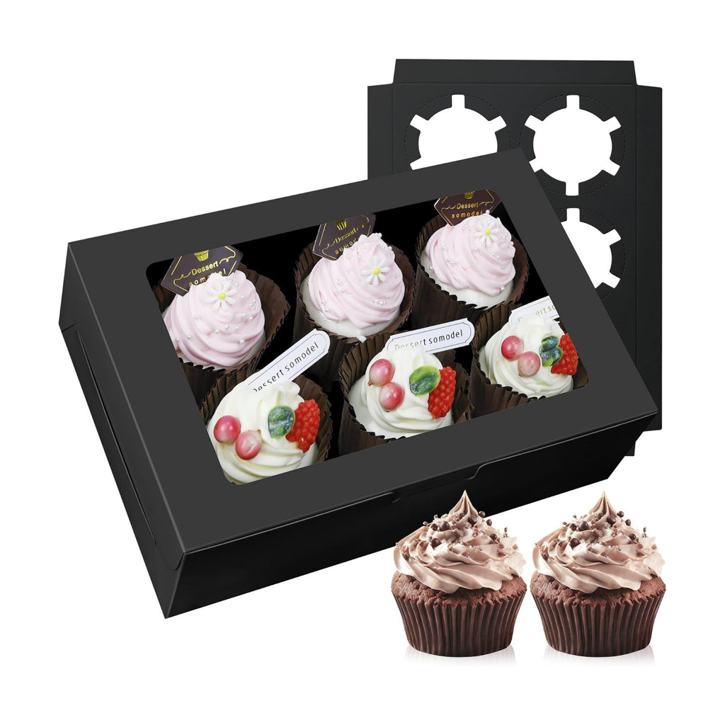 30-Set Cupcake Boxes Bulk with Clear Display Window Hold 6 Standard Cupcakes, Disposable Food Grade Black Cupcake Carrier Cupcake Container, Perfect for Cupcakes Muffins Cookies Pastries
