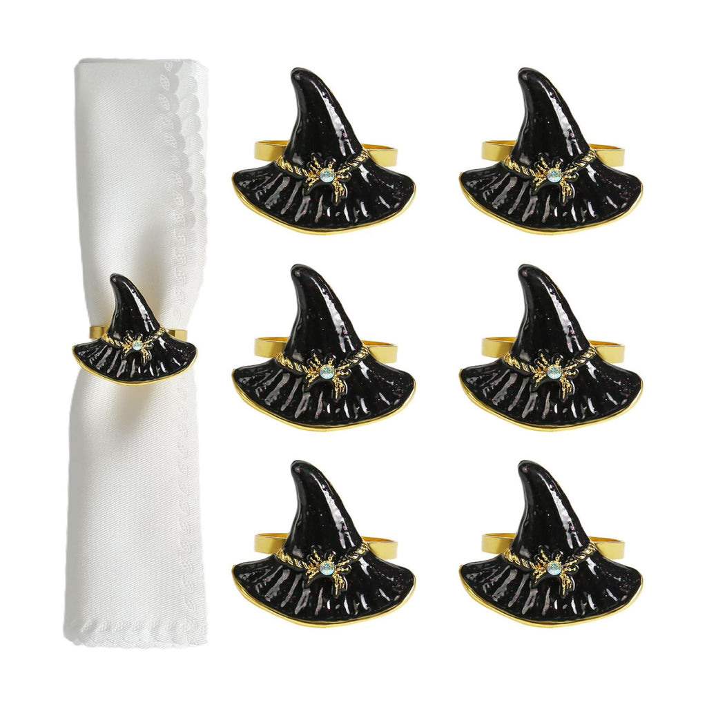 Halloween Napkin Rings Set of 6, Black Hat with Spider Napkin Rings Holders Metal Buckle Serviette for Halloween, Horror Theme Party, Autumn Holiday, Dining Table Decoration