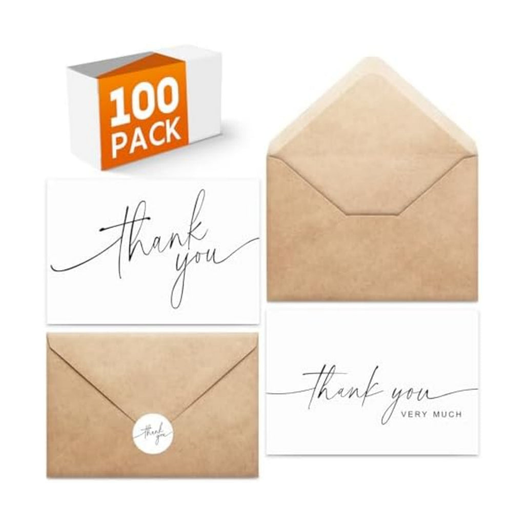 100 PACK Thank You Cards Bulk with Kraft Envelopes and Matching Stickers, 4x6 Inch Blank Greeting Cards Suitable for Small Business, Baby Shower Wedding, Graduation, Bridal Shower, Funeral, Engagement