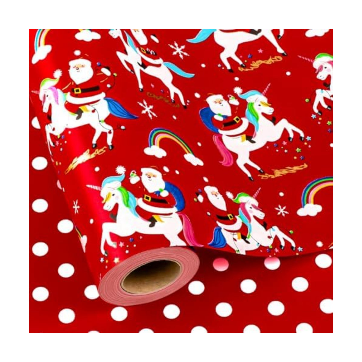 MAYPLUSS Christmas Wrapping Paper Roll - 17 Inch X 33 Feet - Reversible Fairytale Christmas Red Unicorn, Santa Claus, Rainbow, Polka Dot Design Holiday Winter Gift Wrap for Wedding, Party,Celebration