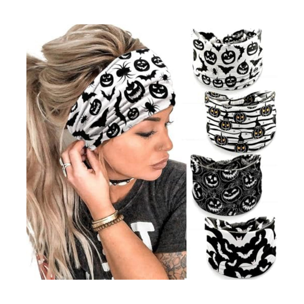 IDDFEVE 4Pcs Halloween Headbands for Women - Black White Pumpkin Bat Wide Holiday Hair Bands, Festive Gift Hair Accessories (Black)
