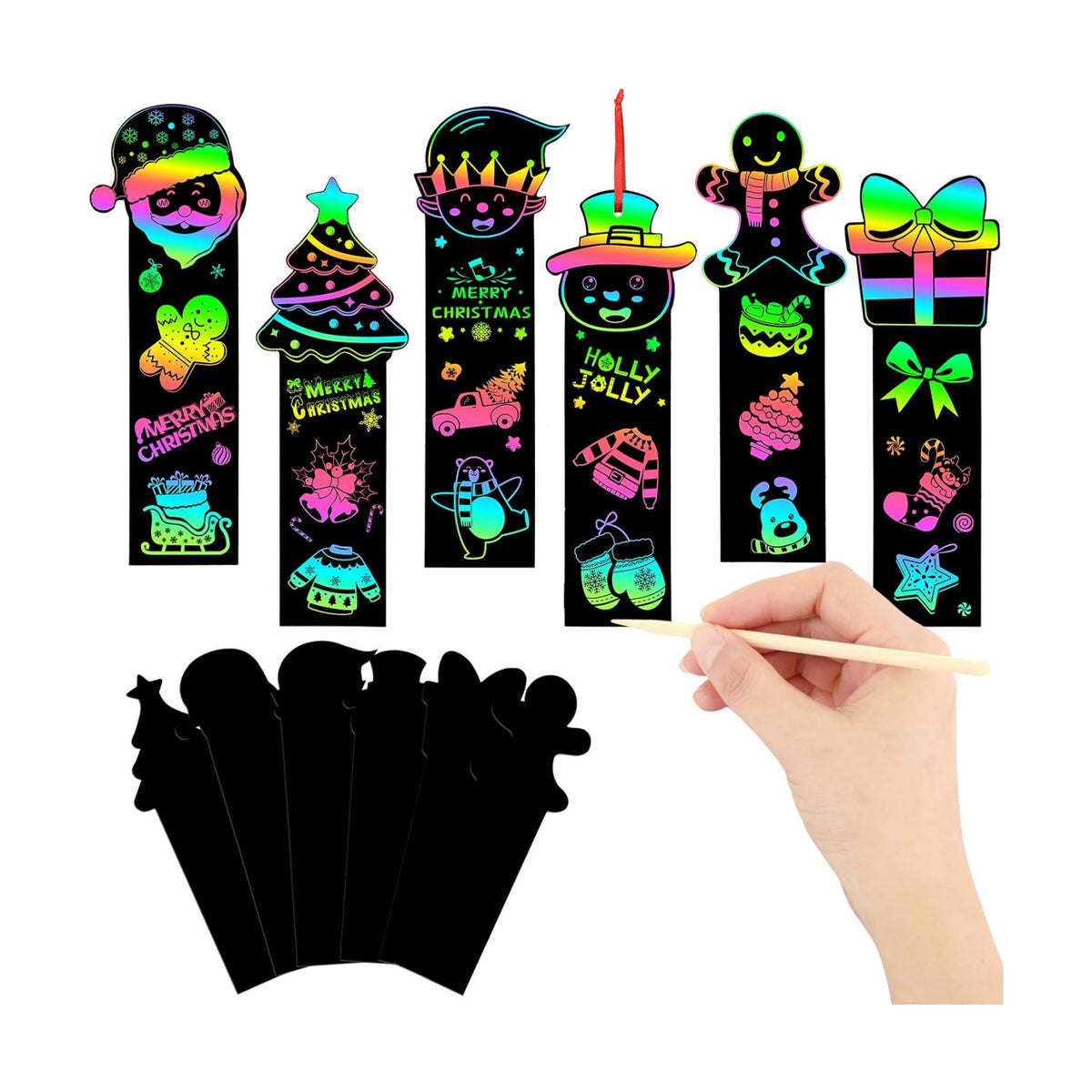 AUGSUN 96Pcs Christmas Scratch Art Bookmarks Xmas Crafts for Kids