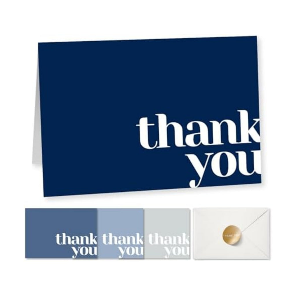 Paper Play Thank You Cards Bulk Pack of 40 Blue, 5x3.5 Inches with Matching Stickers & Envelopes, Minimalistic Design Suitable for Business, Baby Shower, Wedding, Small Business, Graduation, Funeral