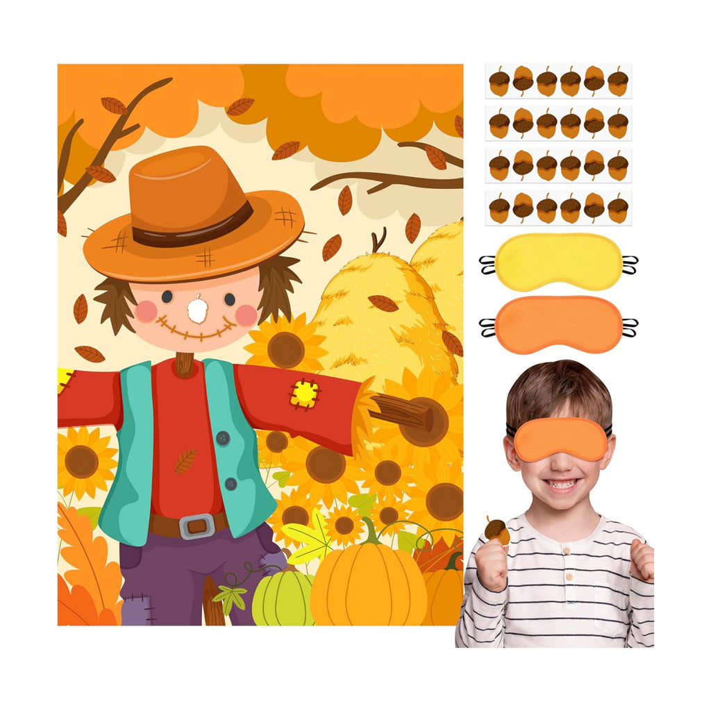 Fall Themed Pin the Nose On the Scarecrow Party Game Poster with 24 Pcs Acorn Stickers Fun Autumn Harvest Party Activity Decorations Supplies for Thanksgiving Halloween Fall Festivals Birthday