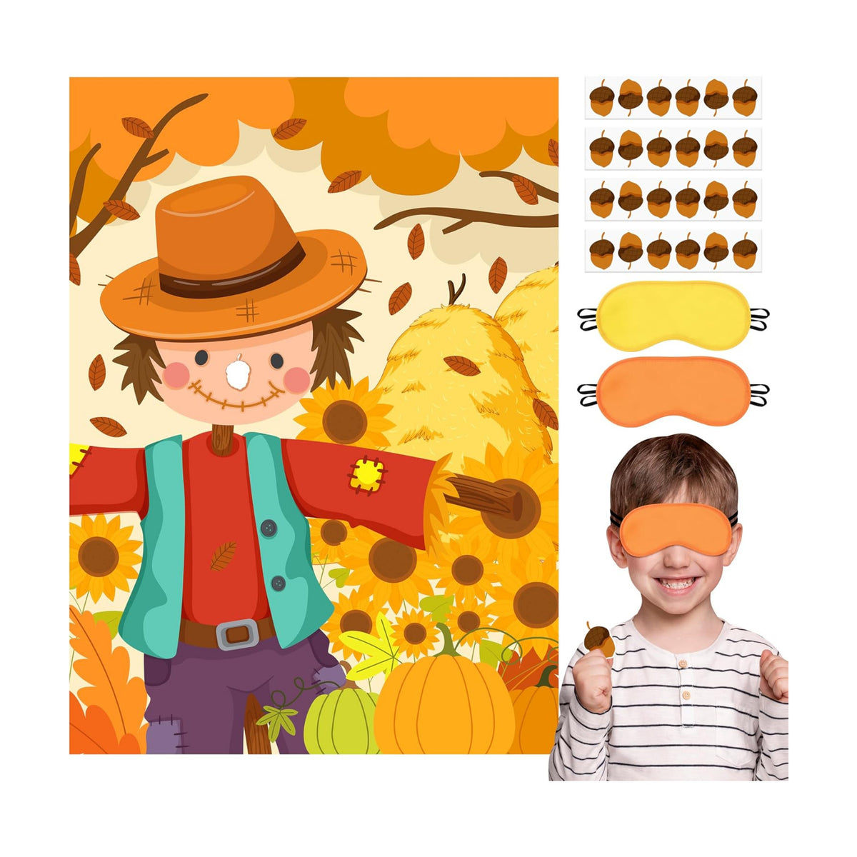 Fall Themed Pin the Nose On the Scarecrow Party Game Poster with 24 Pcs Acorn Stickers Fun Autumn Harvest Party Activity Decorations Supplies for Thanksgiving Halloween Fall Festivals Birthday