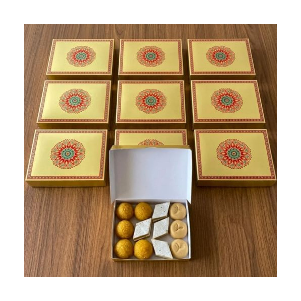LOVENSPIRE Mandala Design Empty Sweet Boxes for Mithai, Ladoo, Cookies & Dry Fruits Treats – Small Cardboard Containers for Wedding, Pooja, Housewarming, & Indian Return Gift Packaging 1Kg (10 Pcs)