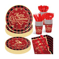 175 Pcs Merry Christmas Party Supplies Set - Serves 25, Festive Red and Black Plaid Disposable Tableware, Includes Paper Plates, Cups, Napkins, Forks, Spoons, Knives for Xmas Holiday Celebrations