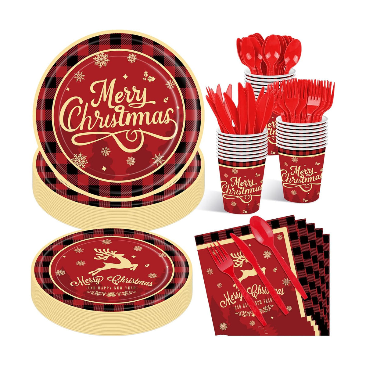 175 Pcs Merry Christmas Party Supplies Set - Serves 25, Festive Red and Black Plaid Disposable Tableware, Includes Paper Plates, Cups, Napkins, Forks, Spoons, Knives for Xmas Holiday Celebrations