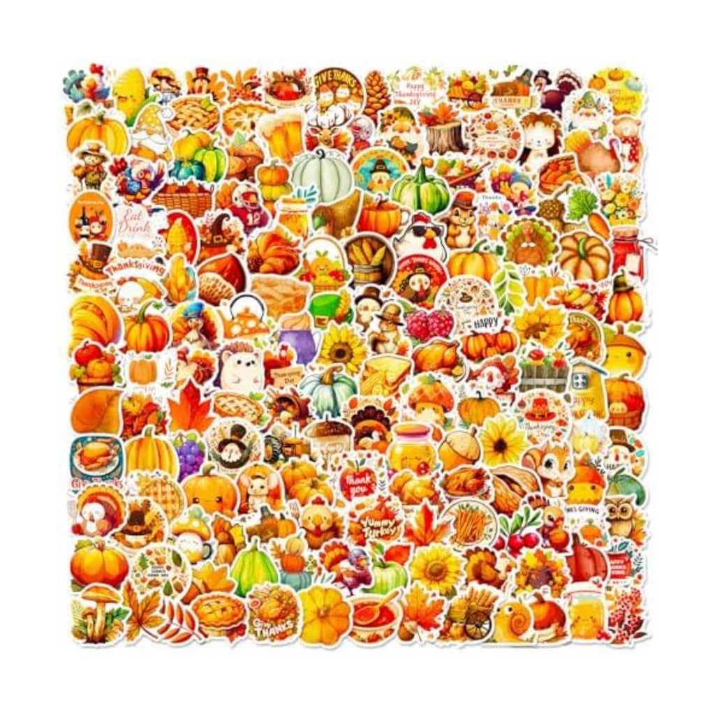 Thanksgiving Stickers Pack, 200Pcs Cute Thanksgiving Pumpkins Vinyl Waterproof Stickers for Water Bottles Envelopes Scrapbooking Crafts, Fall Sticker Gifts for Kids Adults Teens