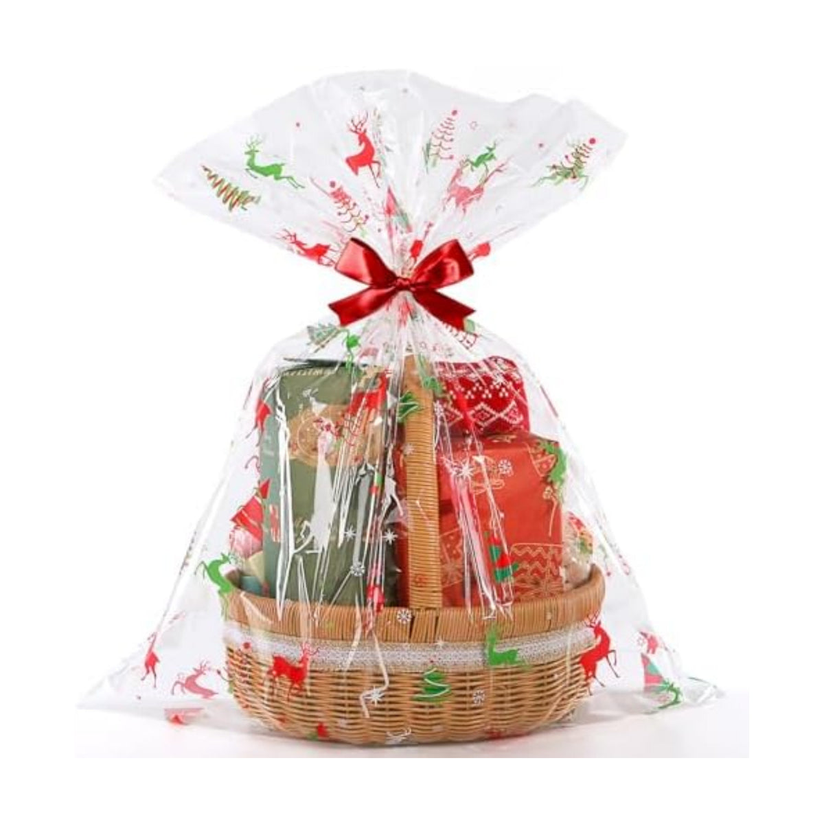CUDICY Christmas Cellophane Gift Bags 10pcs Large Holiday Gift Wrap 24x30 Inch Clear Gift Basket Wrapping Plastic (Reindeer)