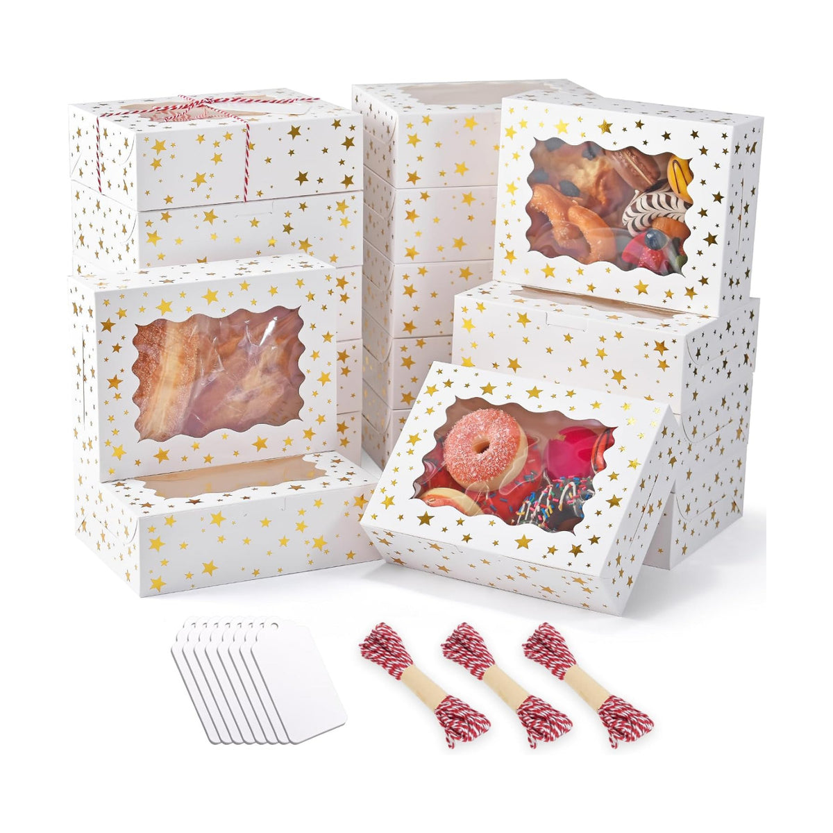 32Pcs 8x6x2.5 in Christmas Cookie Boxes with Window, White Gold-Star