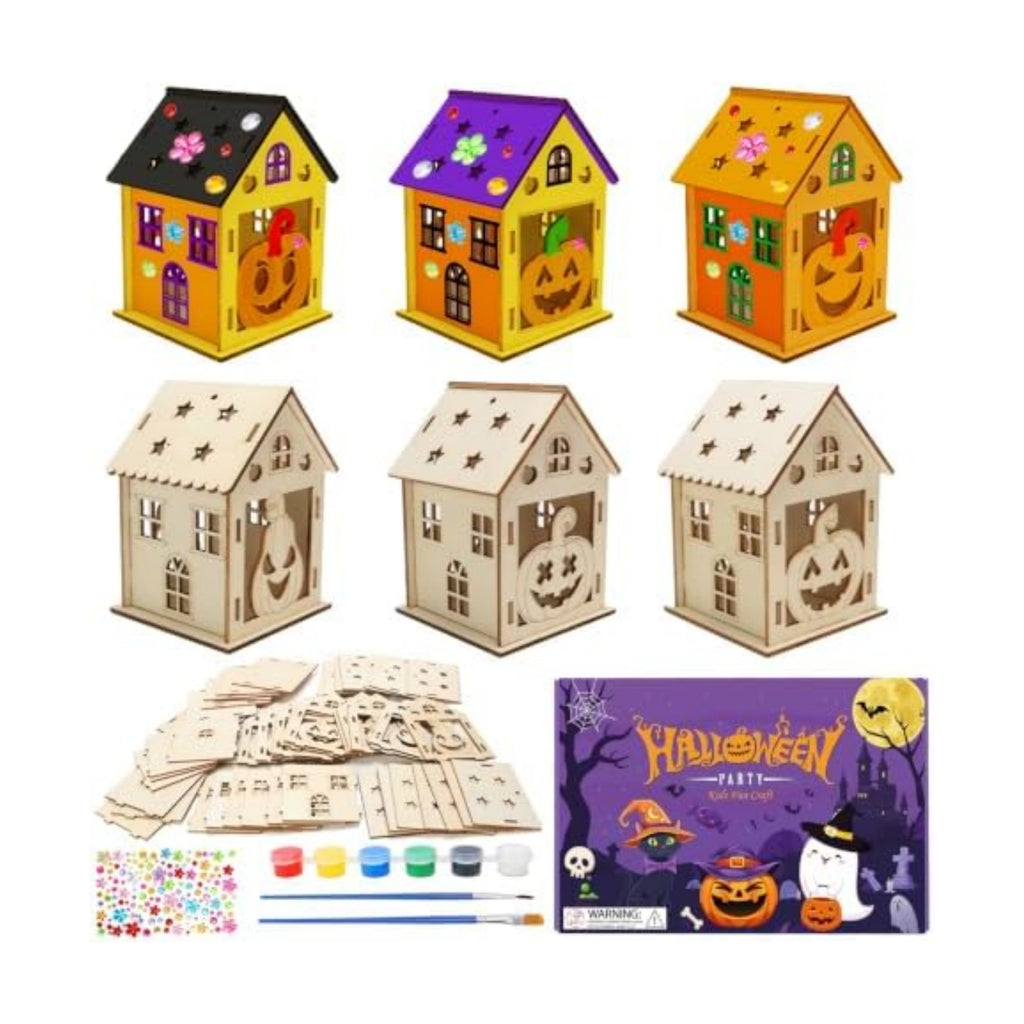 Fennoral 7 Pack Wooden Pumpkin House Craft for Kids Make You Own 3D Halloween House DIY Paint Art and Craft for Classroom Art Projiect Halloween Party Decoration