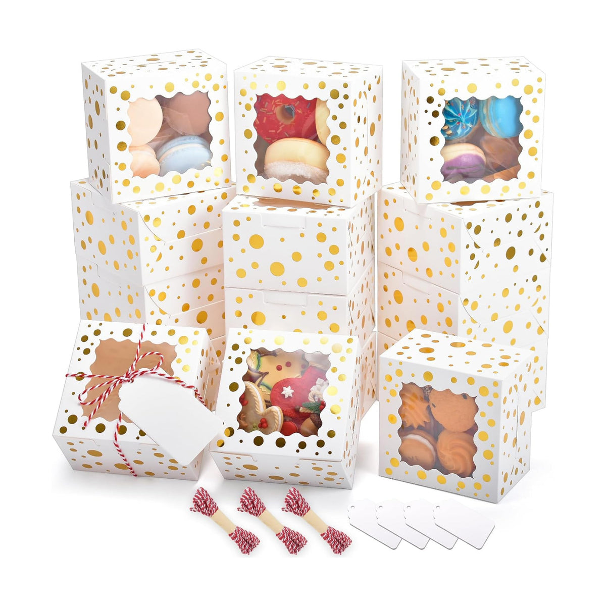 32Pcs 4x4x2.5 in Christmas Cookie Boxes with Window, White Gold