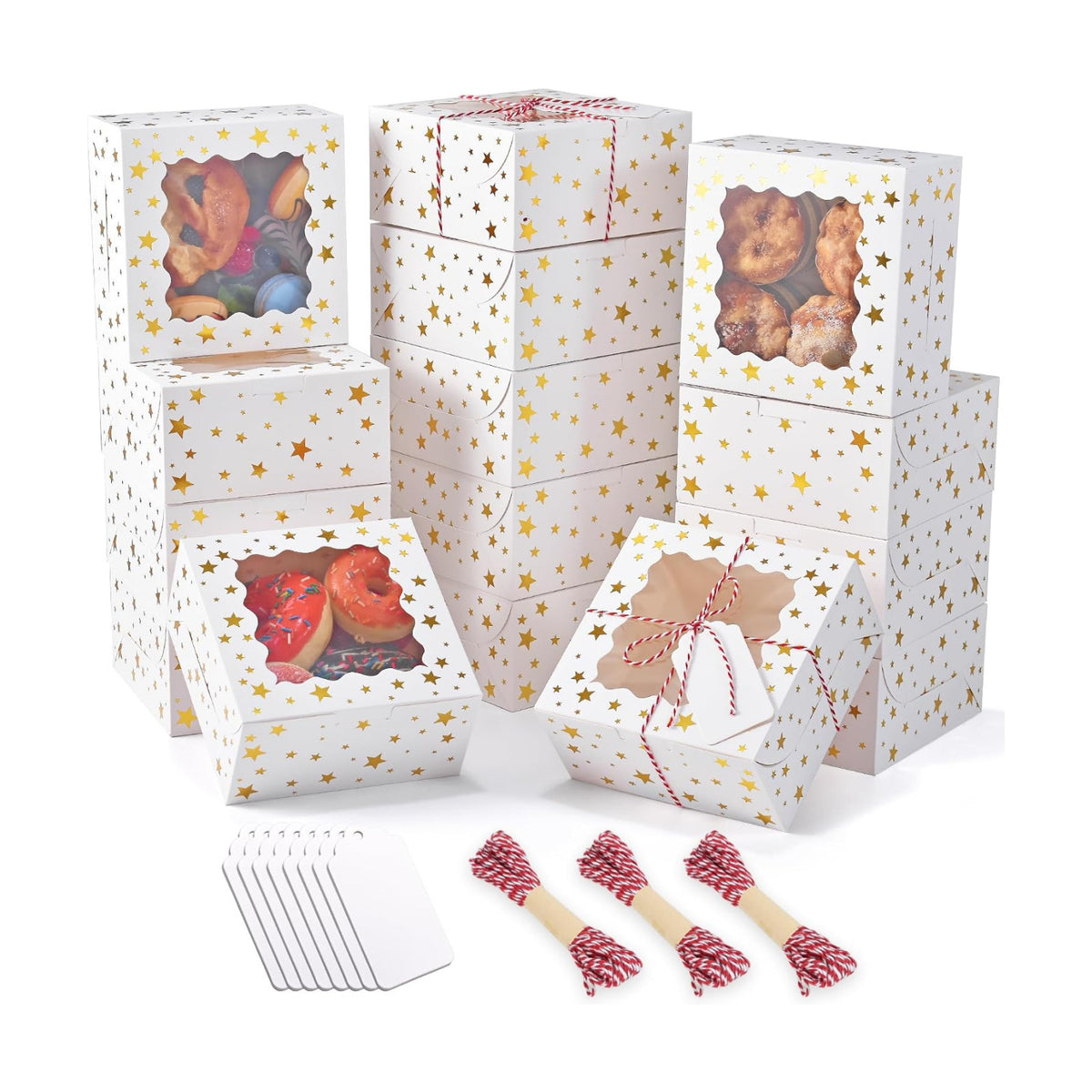 32Pcs 9x6x3 in Christmas Cookie Boxes with Window, White Gold-Star