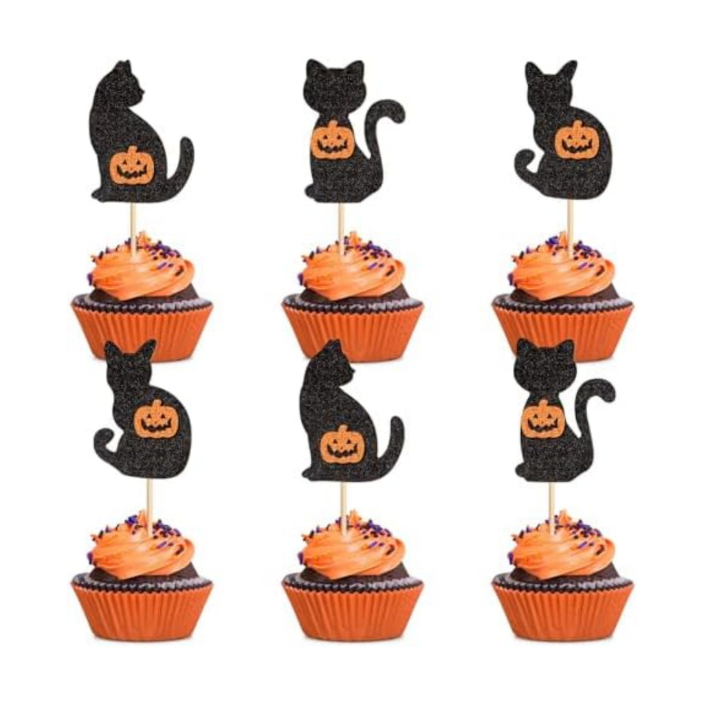 24Pcs Halloween Cat Cupcake Toppers Pumpkin Kitty Cupcake Picks