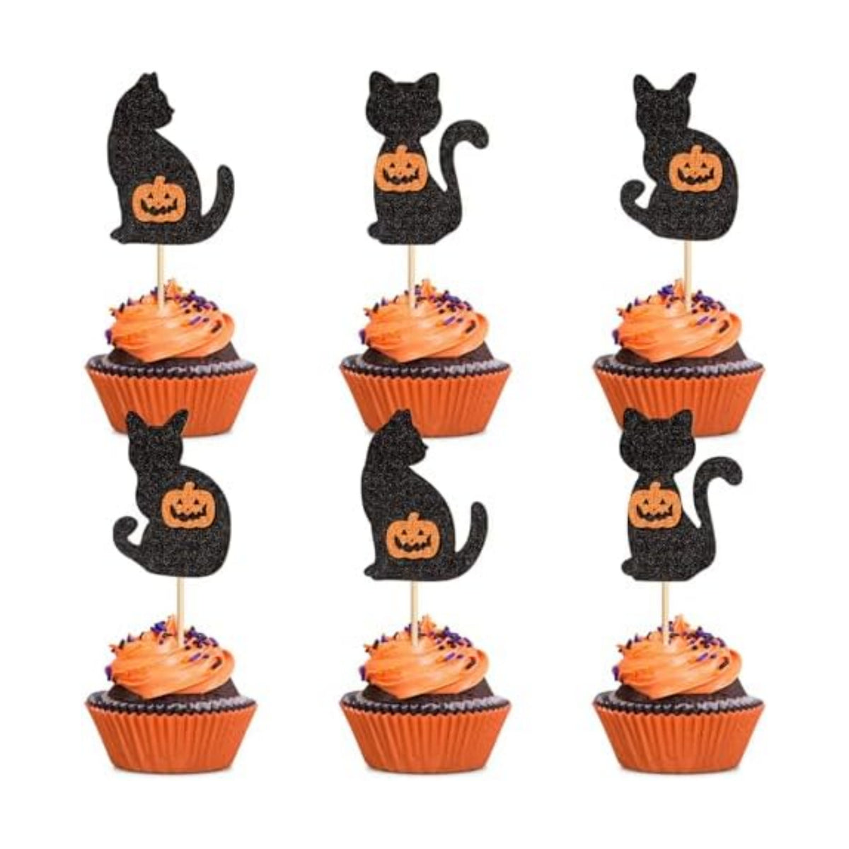 24Pcs Halloween Cat Cupcake Toppers Pumpkin Kitty Cupcake Picks