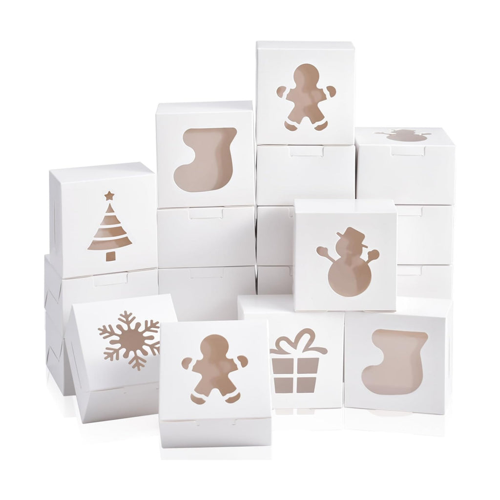 KPOSIYA 36 Pack Christmas Cookie Boxes for Gift Giving, 4x4x2.5 Inch White Bakery Boxes with Window, Large Holiday Cookie Tins with Lids, Small Xmas Treat Boxes for Pastry Dessert Cupcakes Packaging