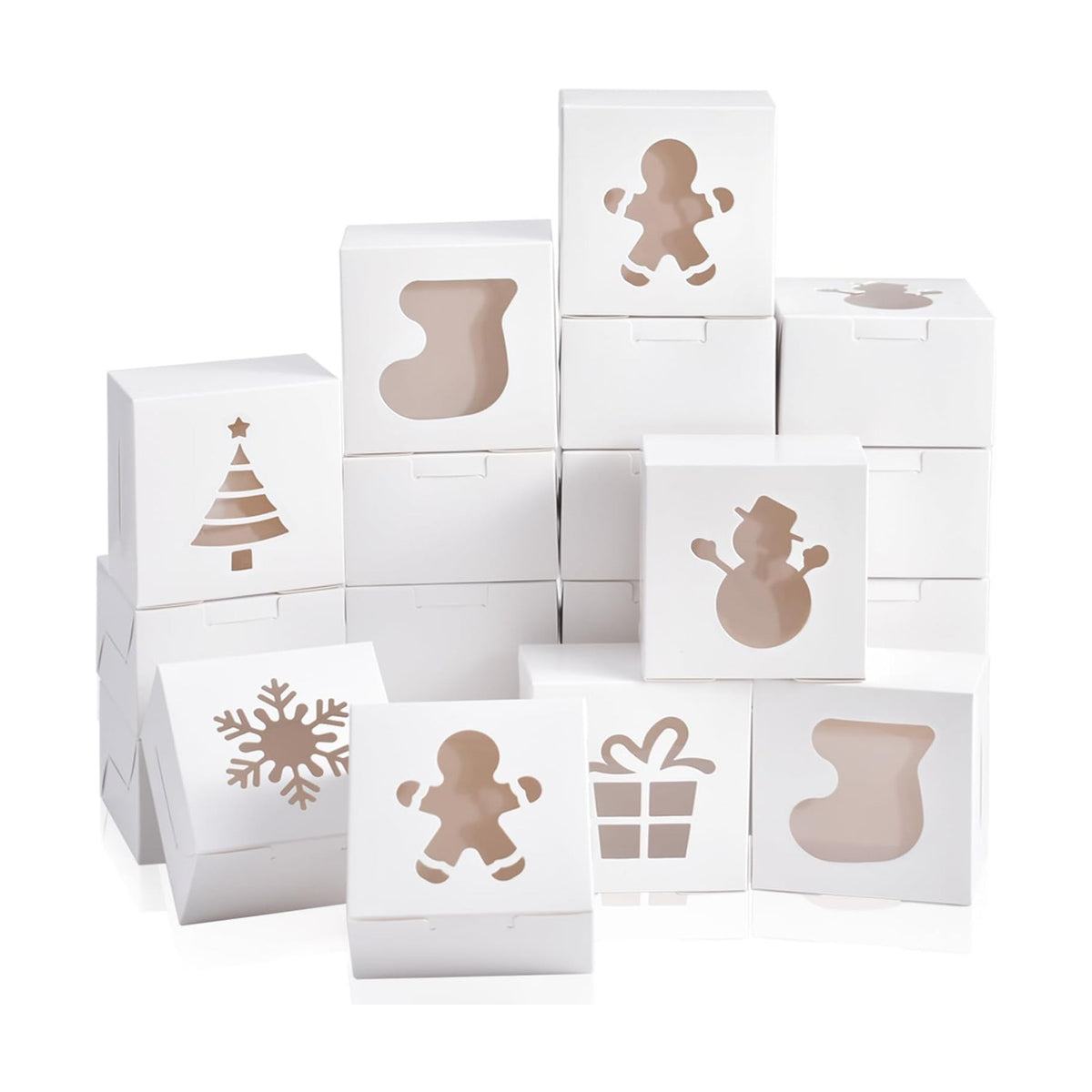 KPOSIYA 36 Pack Christmas Cookie Boxes for Gift Giving, 4x4x2.5 Inch White Bakery Boxes with Window, Large Holiday Cookie Tins with Lids, Small Xmas Treat Boxes for Pastry Dessert Cupcakes Packaging