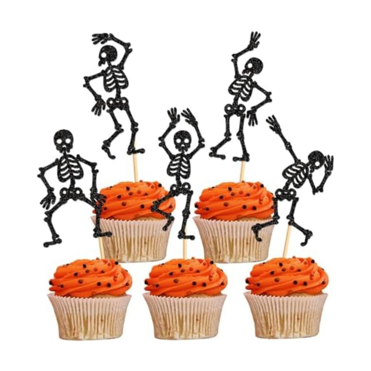 25Pcs Glitter Black Skeleton Cupcake Toppers Human Dance Skeleton Cupcake Picks for Halloween Party Decorations Horror Halloween Boys Girls Goth Birthday Wedding Cupcake Decorations