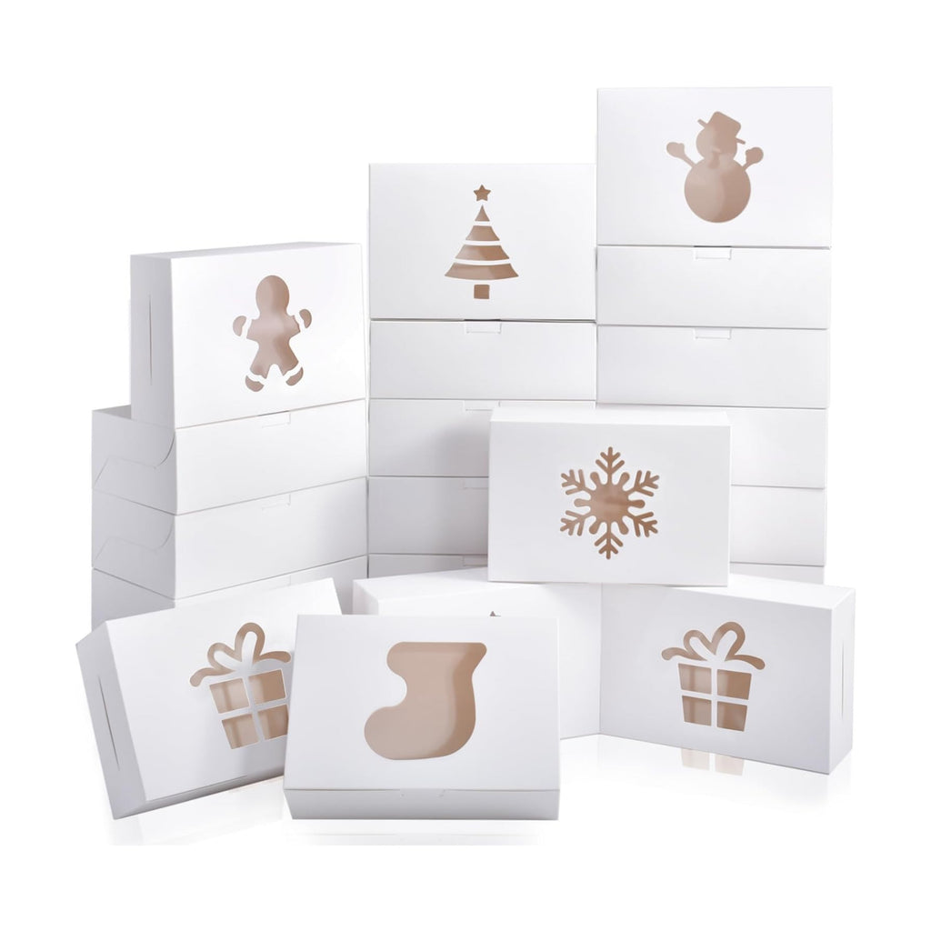 KPOSIYA 36 Pack Christmas Cookie Boxes for Gift Giving, 9x6x3 Inch White Bakery Boxes with Window, Large Holiday Cookie Tins with Lids, Small Xmas Treat Boxes for Pastry Dessert Cupcakes Packaging