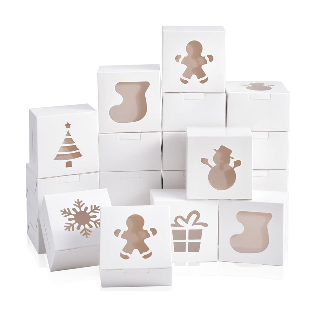 KPOSIYA 36 Pack Christmas Cookie Boxes for Gift Giving, 6x6x3 Inch White Bakery Boxes with Window, Large Holiday Cookie Tins with Lids, Small Xmas Treat Boxes for Pastry Dessert Cupcakes Packaging