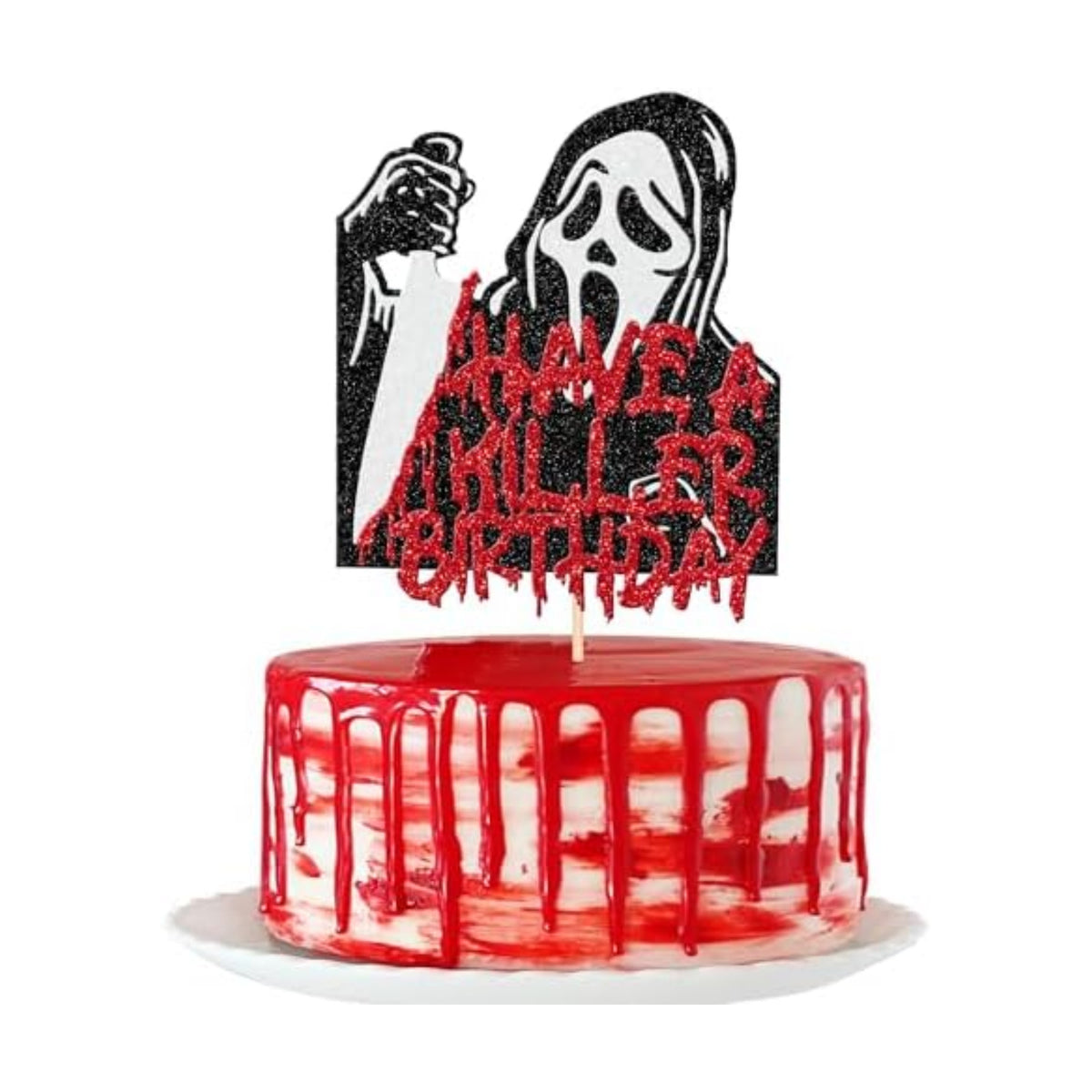 1 PCS Have a Killer Birthday Cake Topper Assembled Glitter Horror Classic Halloween Cake Pick for Bloody Horror Movie Theme Birthday Halloween Party Cake Decorations Supplies