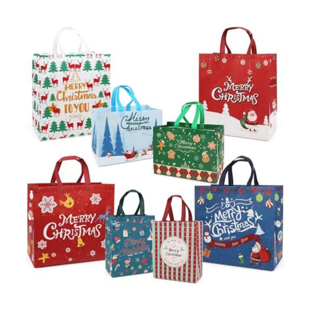 PARSUP 16PCS Christmas Gift Bags with Handles, Assorted Sizes Tote for Treat, Non-Woven Christmas Bags for Gift Wrapping, Xmas Party Supplies