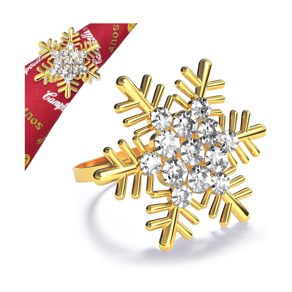Halatool Christmas Napkin Rings Set of 8, Gold Snowflake with White Rhinestone Napkin Holder for Christmas Thanksgiving Winter Holiday Place Setting, Weddings, Party Table Decoration