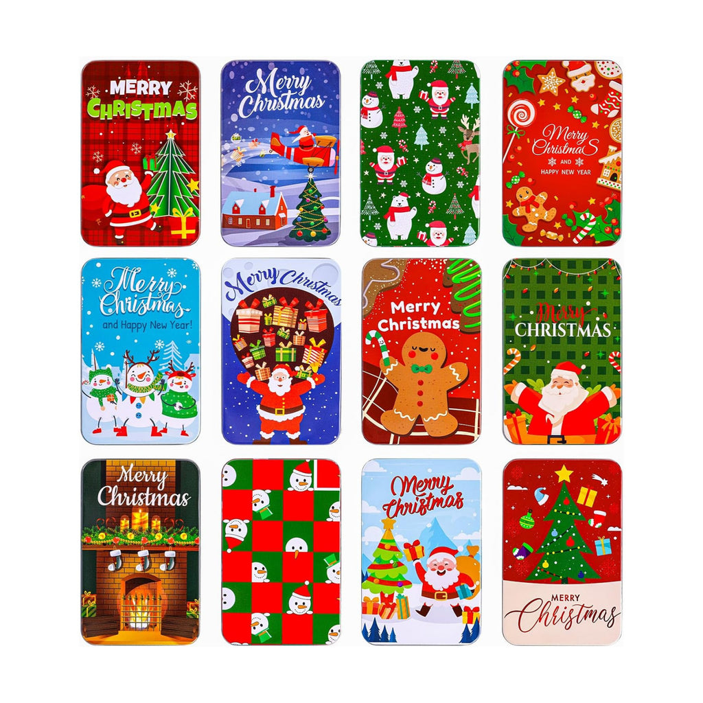 Thuodo 12 PCS Christmas Gift Card Tin Holder Boxes with Lids for Christmas Holiday Gift Box Set Metal Tin Small Boxes Stocking Stuffers Xmas Party Favors