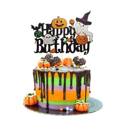 1 Pcs Halloween Happy Birthday Cake Topper Glitter Ghost Pumpkin Candy Bat Birthday Cake Pick for Creepy Theme Party Cake Decorations