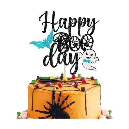 1 Pack Happy Boo Day Halloween Cake Topper Glitter Happy Boo Day Ghost Cake Pick Baby Shower Kids Birthday Happy Halloween Party Cupcake Decoration Supplies Blue