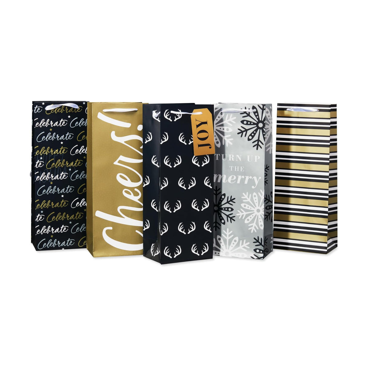 American Greetings Multi Design Wine Gift Bags, Black, Gold and Silver (5 Bags)