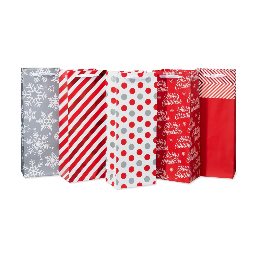 American Greetings Multi Design Wine Gift Bags, Red, White and Silver (5 Bags)