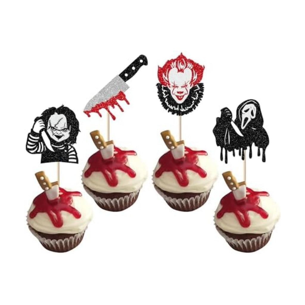 24 Pack Halloween Cupcake Toppers Glitter Scary Killer Cupcake Picks Knife Bloody Happy Halloween Theme Kids Birthday Cake Decorations Party Supplies
