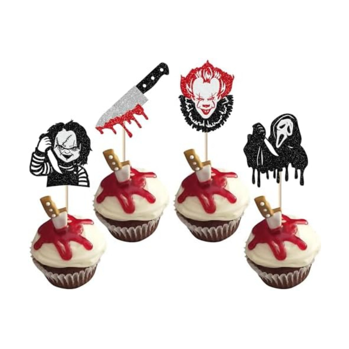 24 Pack Halloween Cupcake Toppers Glitter Scary Killer Cupcake Picks Knife Bloody Happy Halloween Theme Kids Birthday Cake Decorations Party Supplies
