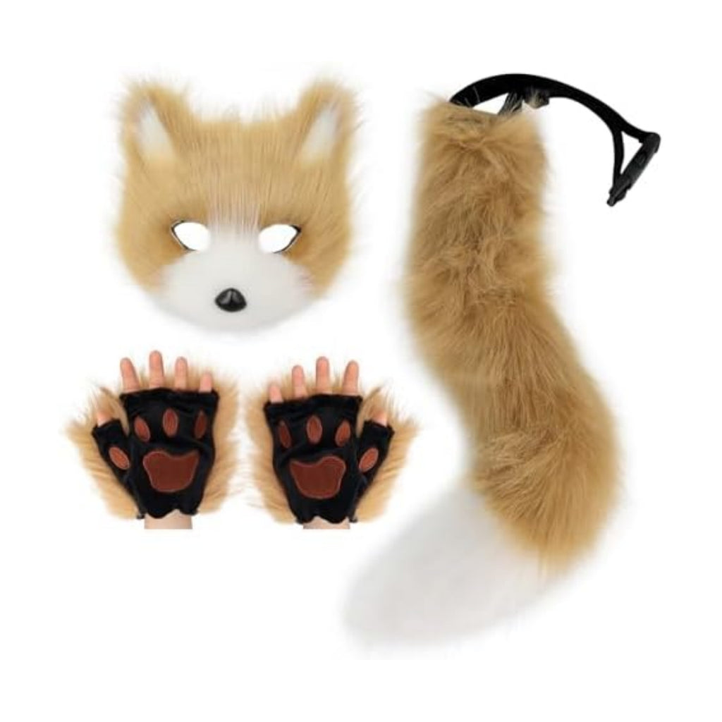 Adolala Faux Fur Fox Tail Cat Wolf Set Plush Mask Fluffy Paw Gloves Halloween Christmas Party for Women