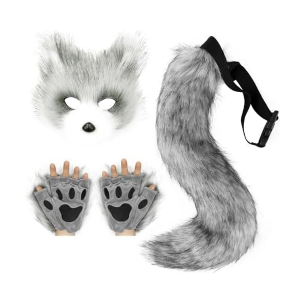 Adolala Faux Fur Fox Tail Cat Wolf Set Plush Mask Fluffy Paw Gloves Halloween Christmas Party for Women