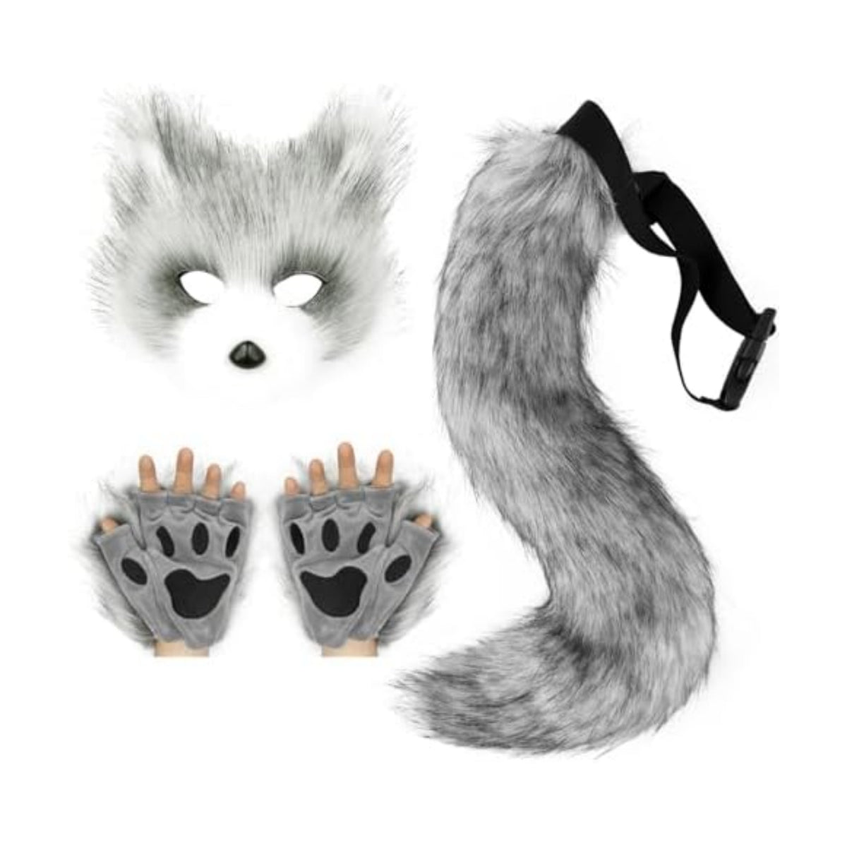 Adolala Faux Fur Fox Tail Cat Wolf Set Plush Mask Fluffy Paw Gloves Halloween Christmas Party for Women